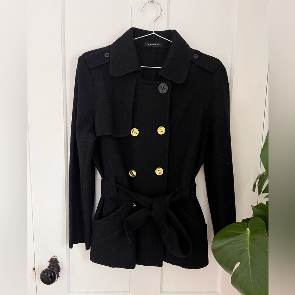 Sandro Paris Black Wool Blend Military Jacket Belted Gold Button Structured Coat